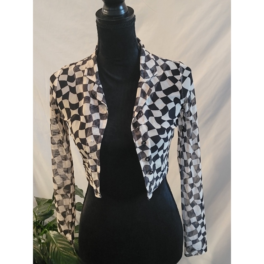 Bailey Rose XS Mesh Cropped Button Down Top Warped Checkerboard Black White Y2K